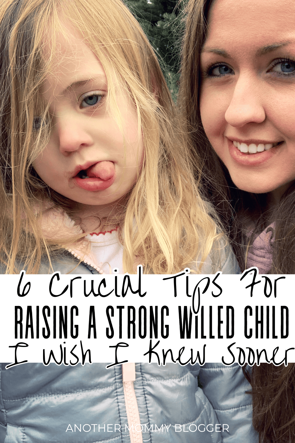 Strong-willed toddler making a silly face next to her smiling mother, capturing the highs and lows of parenting.