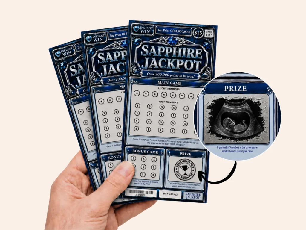 Pregnancy announcement scratch off ticket with ultrasound.