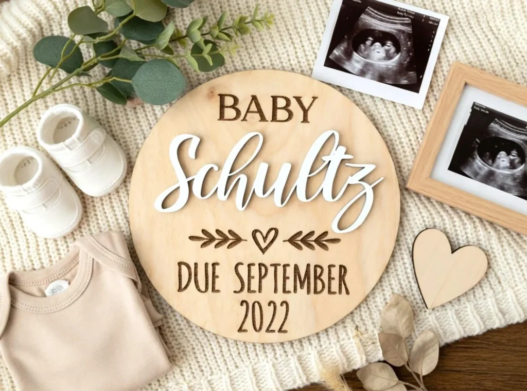 Pregnancy announcement sign on a knitted white blanket surrounded by an ultrasound photo, baby shoes and a onesie.