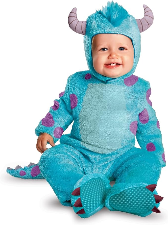 Smiling baby wearing a fuzzy blue and purple Sulley costume from Monsters Inc. with horns, tail, and plush monster feet — perfect for a toddler-friendly Halloween look