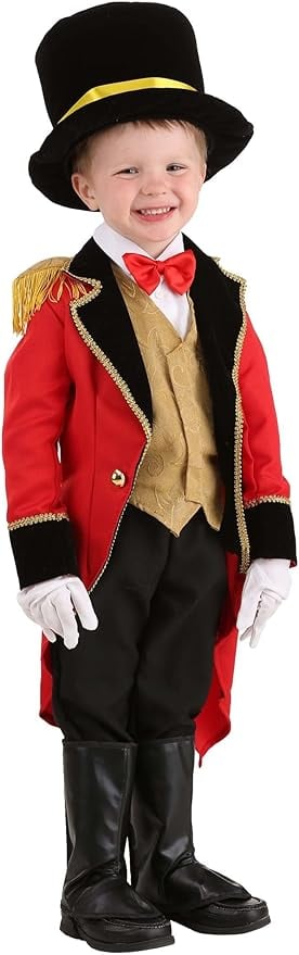 Smiling young boy wearing a circus ringmaster costume with a red tailcoat, gold vest, black top hat, white gloves, and black boots — perfect for a family Halloween circus theme