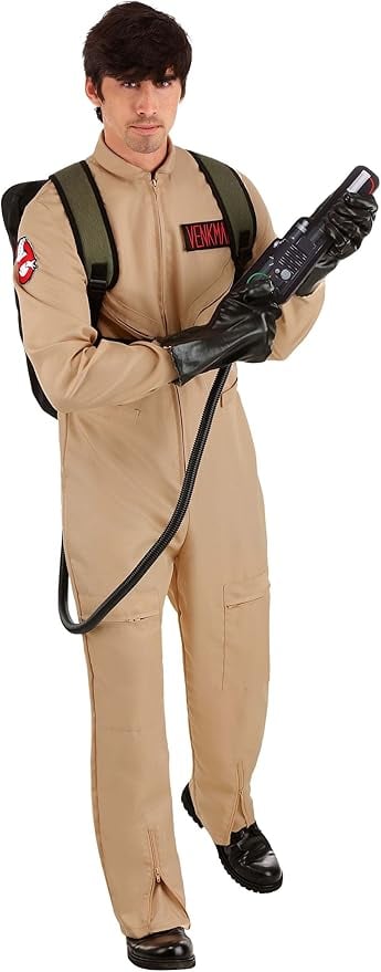 Man wearing a classic Ghostbusters Halloween costume with tan jumpsuit, black gloves, proton pack, and Venkman name tag — great option for a family or group costume theme