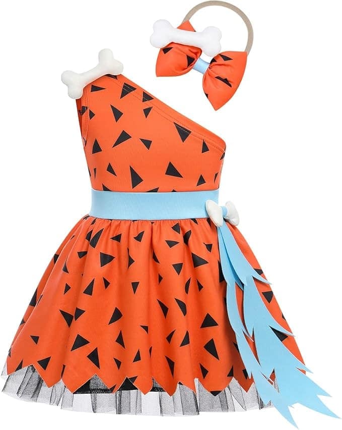 Pebbles Flintstone toddler costume with orange and black one-shoulder dress, blue sash, bone accessories, and matching bow headband — perfect for a Flintstones family Halloween look