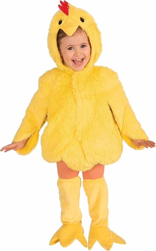 Laughing toddler in a fluffy yellow chicken costume with beak hood and soft orange legs — adorable farm animal Halloween outfit idea