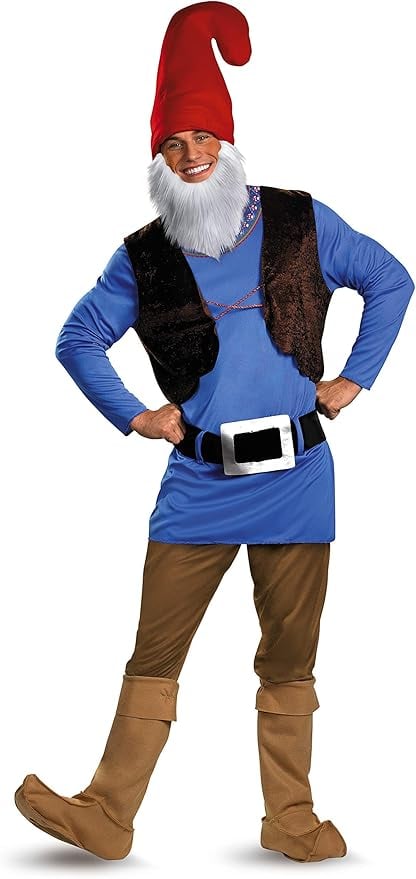 Smiling adult in a classic garden gnome costume with red hat, blue tunic, brown boots, and a white beard — funny Halloween outfit for dads