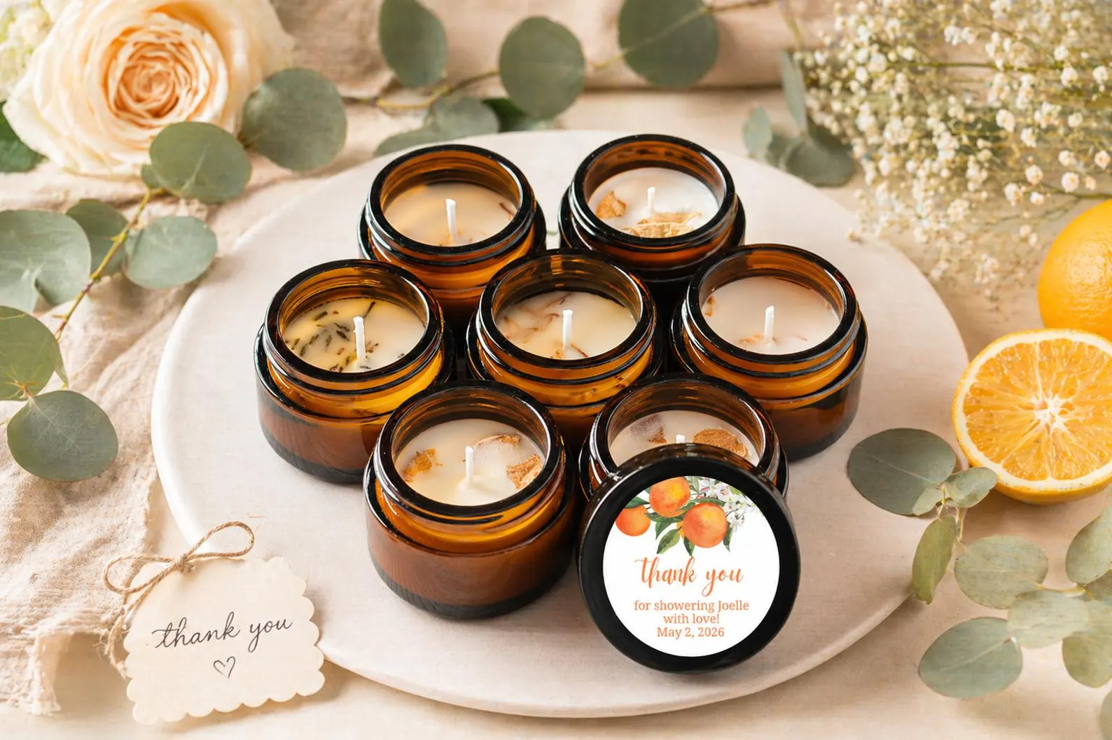 My little cutie themed citrus scented candles for a baby shower party favor.