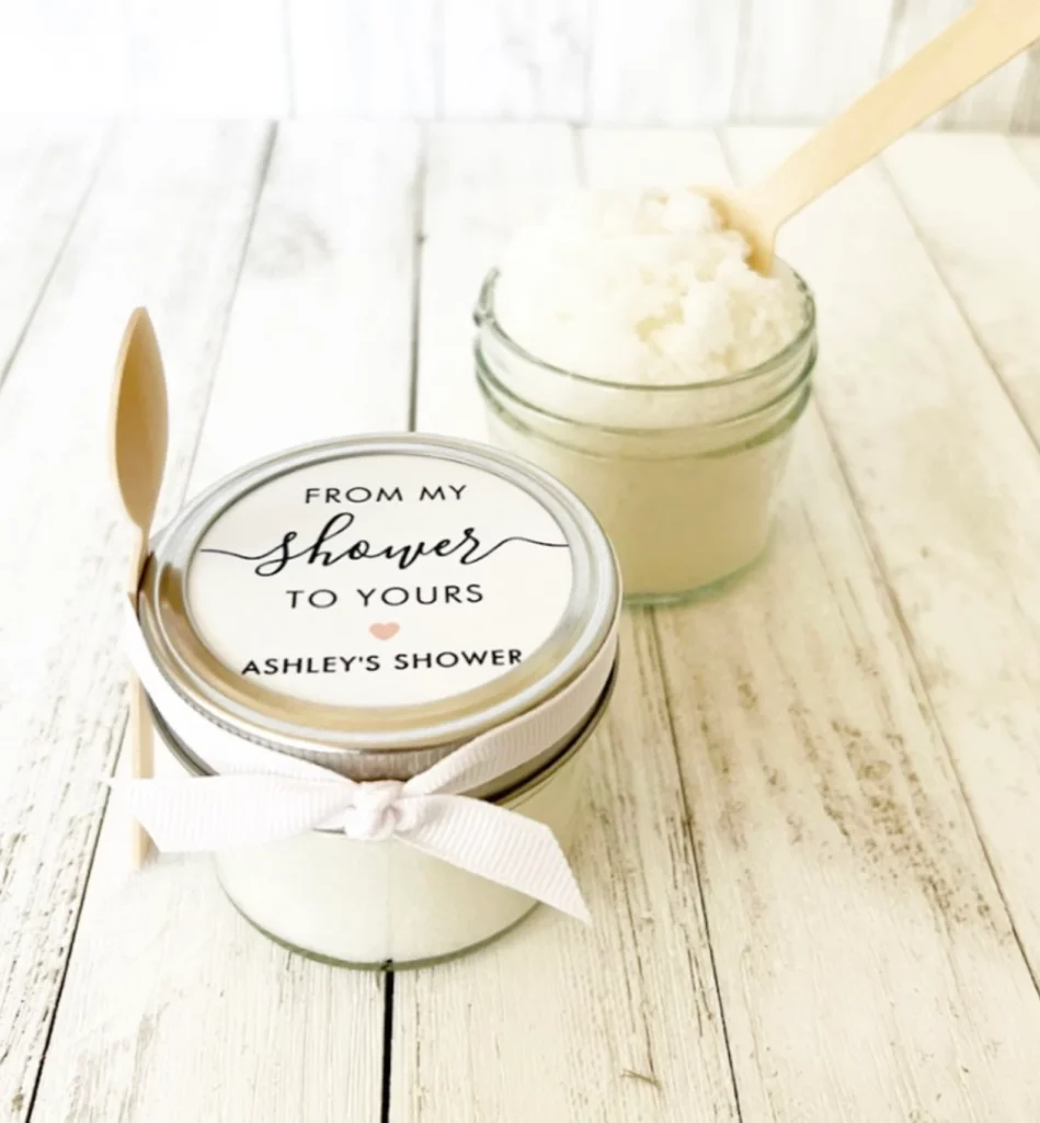 Baby shower party favor sugar scrub with “from my shower to yours” label.