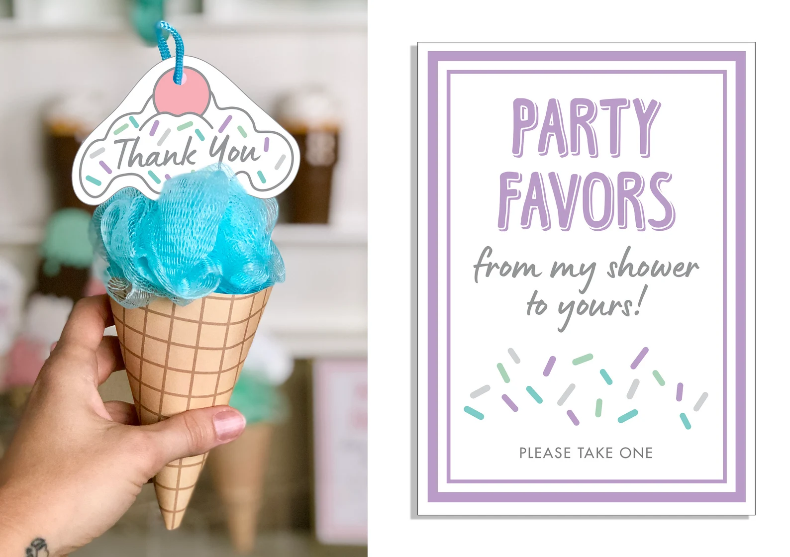 Hand holding a shower poof ice-cream cone baby shower party favor.
