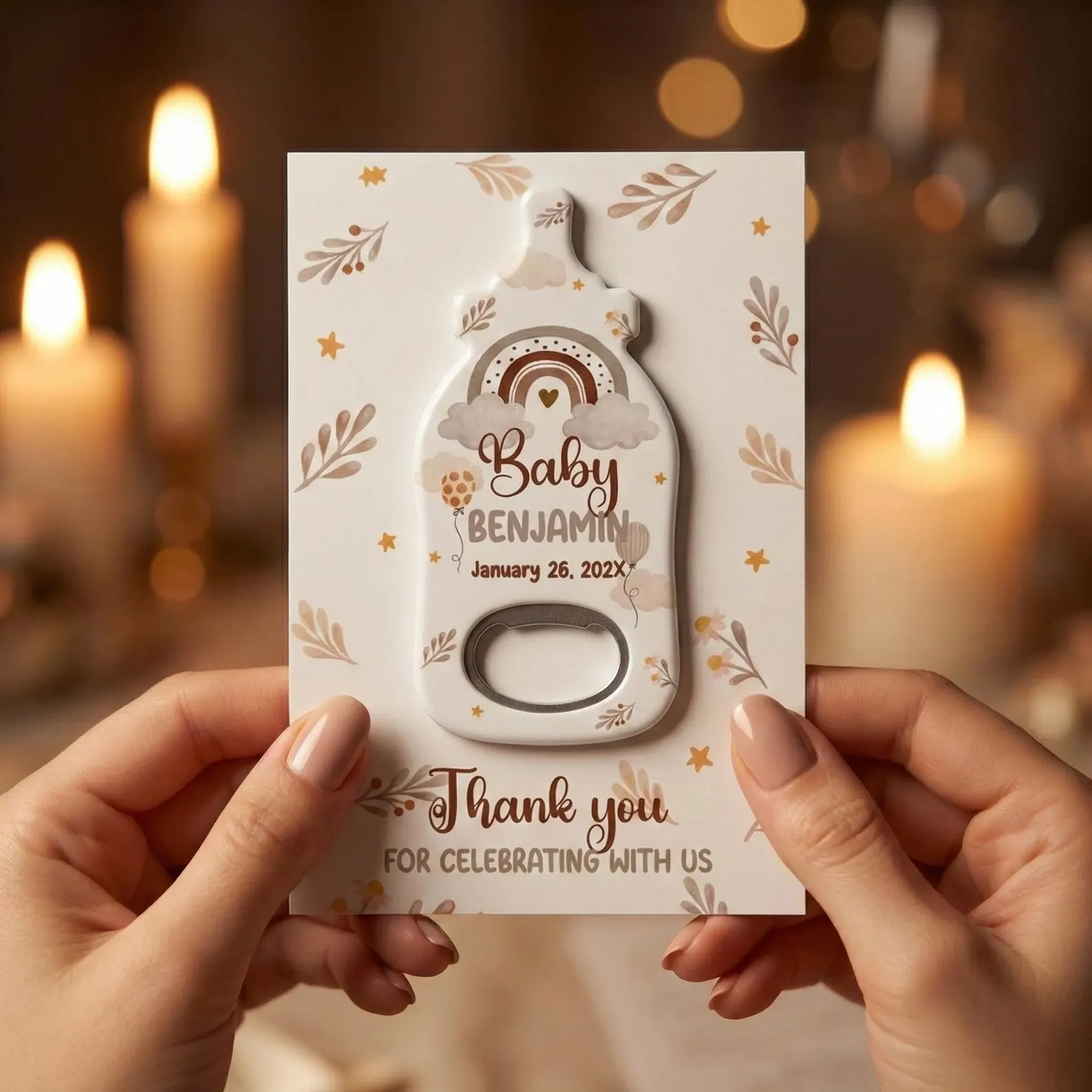 Bottle shaped baby shower party favor bottle opener.