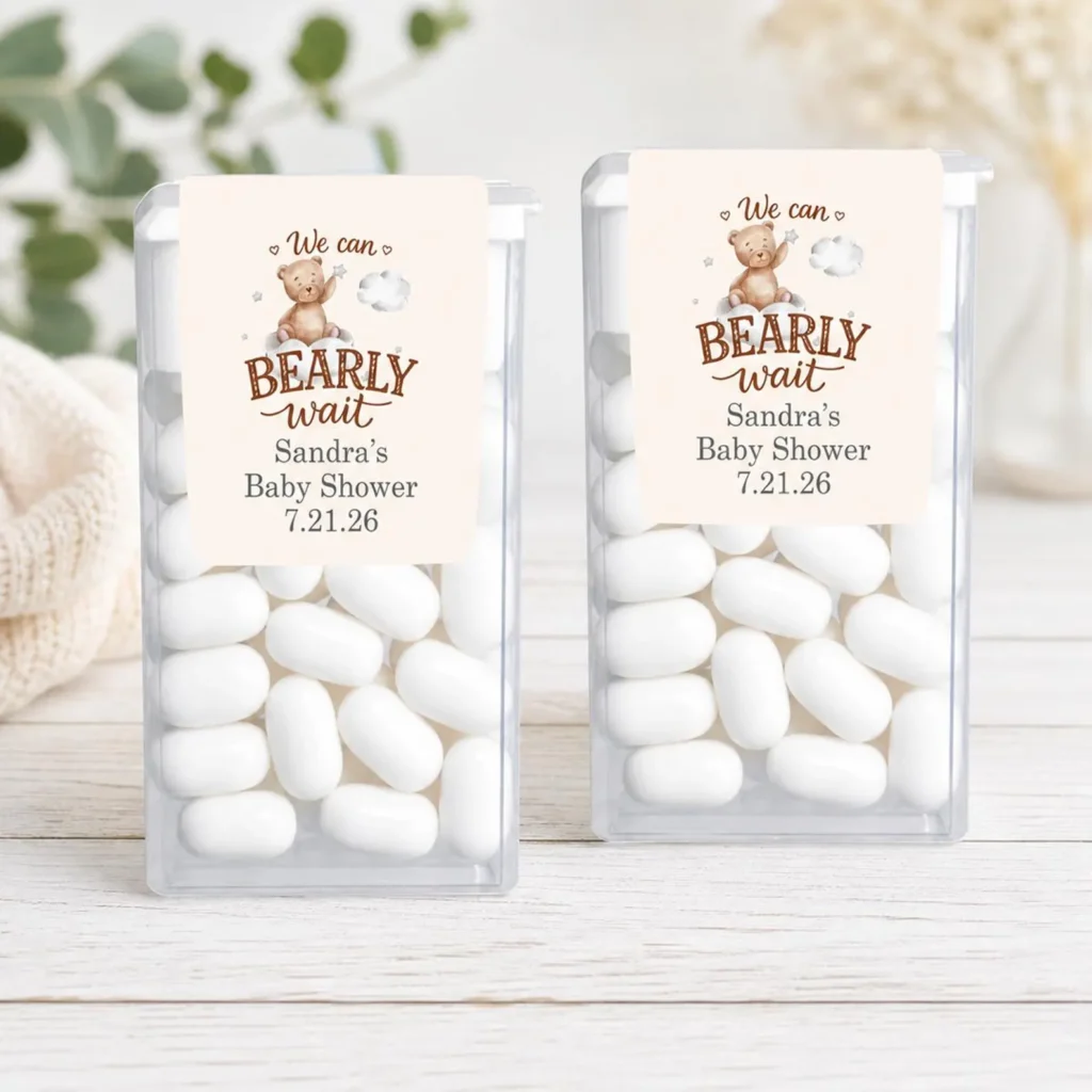 Tic Tacs with “we can bearly wait” labels for baby shower party favors.