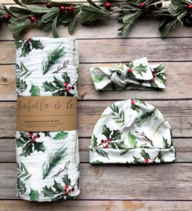 Christmas swaddle and hat set for girls 
