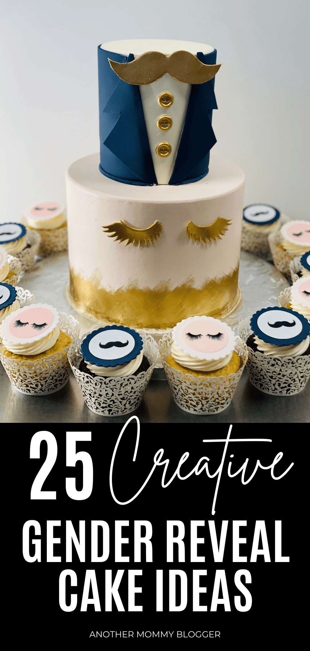 Cute gender reveal party ideas for gender reveal cakes. This one is a staches or lashes gender reveal cake.