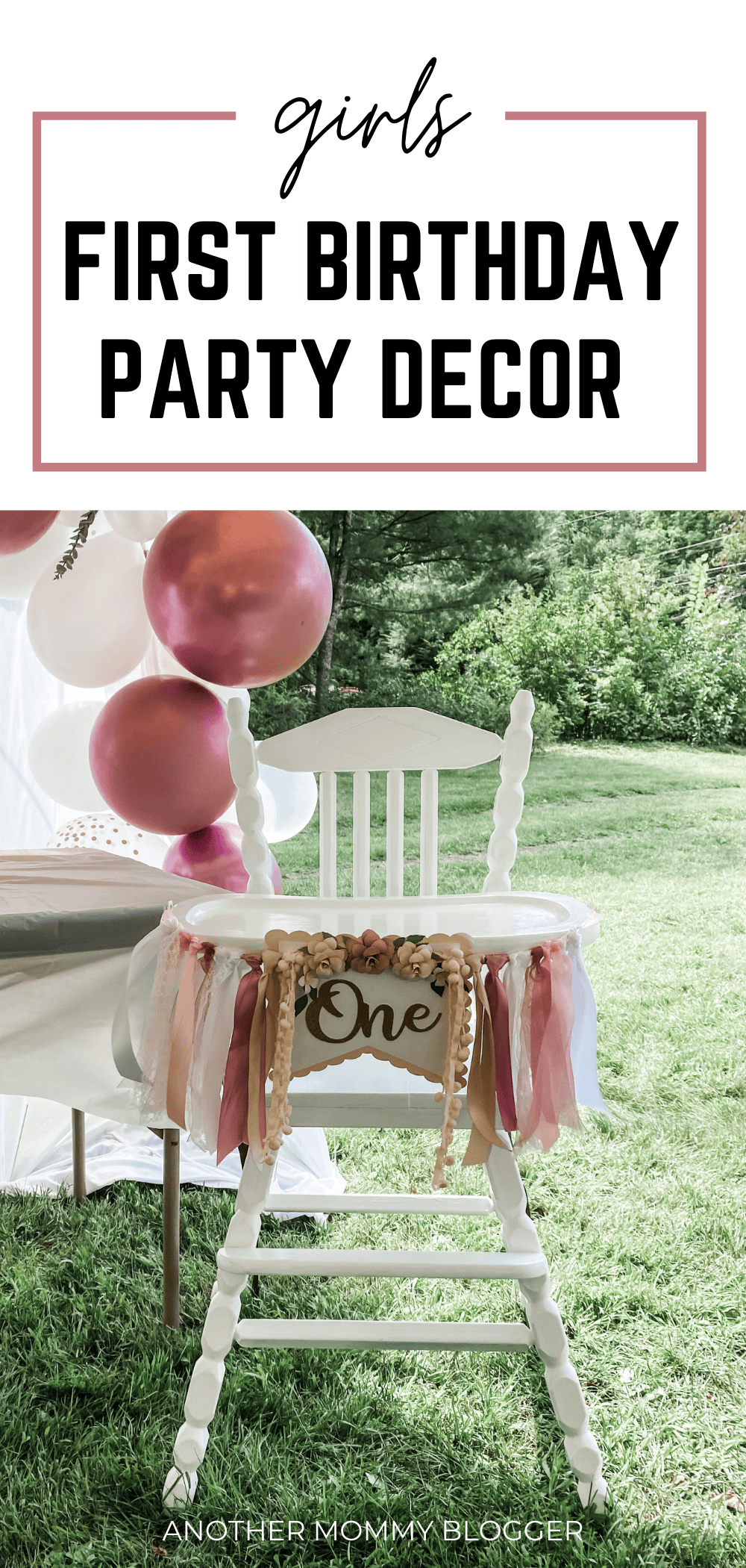 Need girls first birthday party ideas? Check out my baby’s first birthday decorations. Including her first birthday highchair banner for girls, balloon garland, and simple first birthday table centerpieces.
