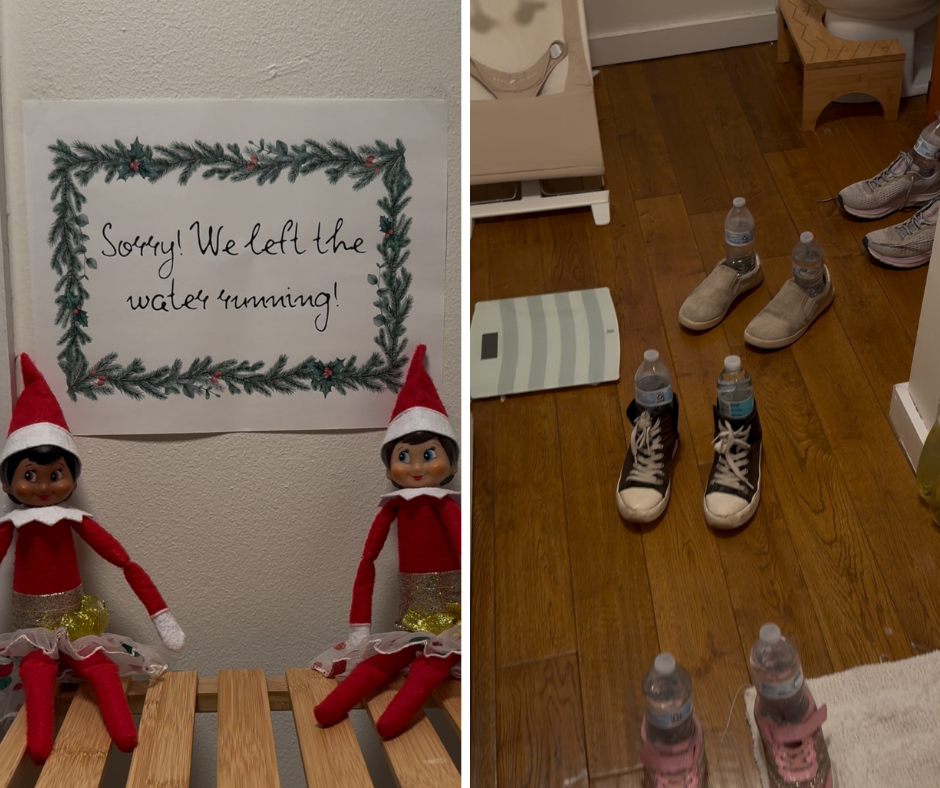 Side-by-side Elf on the Shelf photos. The left image shows two elves sitting on a wooden bench with a holiday sign that says “Sorry! We left the water running!” The right image reveals the punchline: rows of shoes on the bathroom floor each have a water bottle standing inside them, making it look like the “water” is literally “running.”