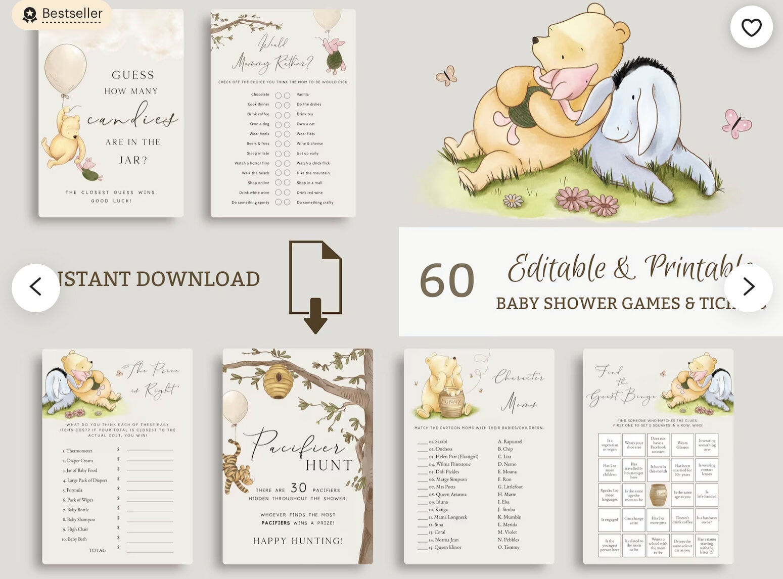 Printable baby shower games bundle for Winnie the Pooh theme