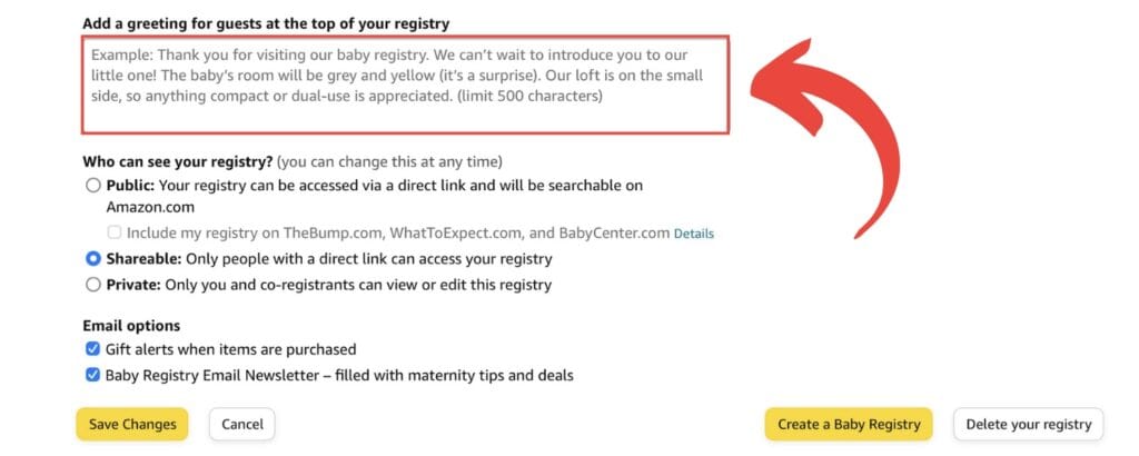 Page on Amazon where you can enter a baby registry greeting