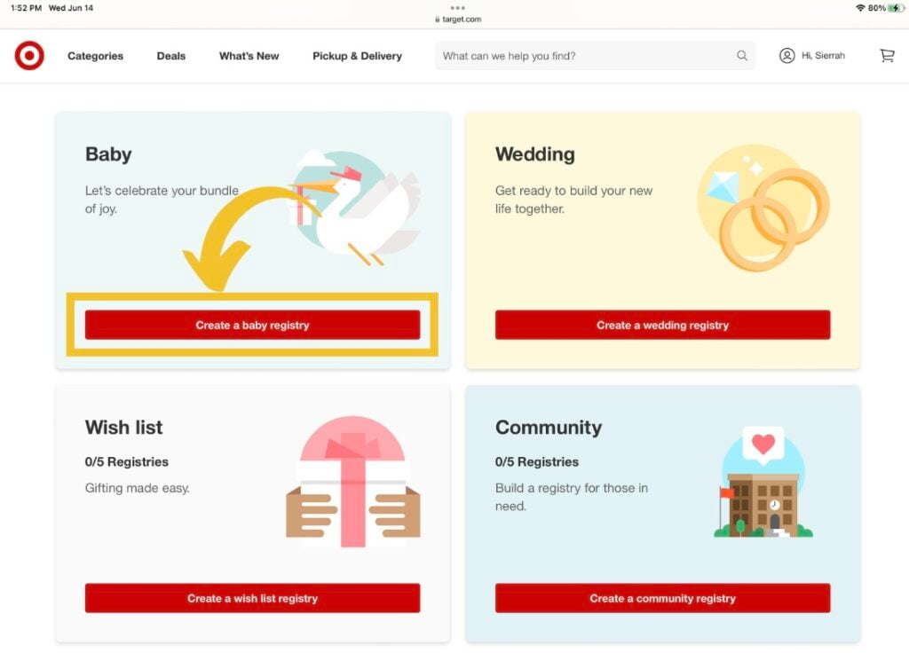 How to start a baby registry on target