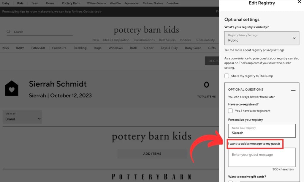 How to add a baby registry greeting message for pottery barn kids baby registry