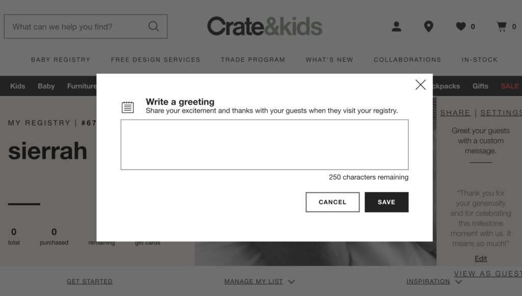 How to enter a welcome message on crate & kids baby registry