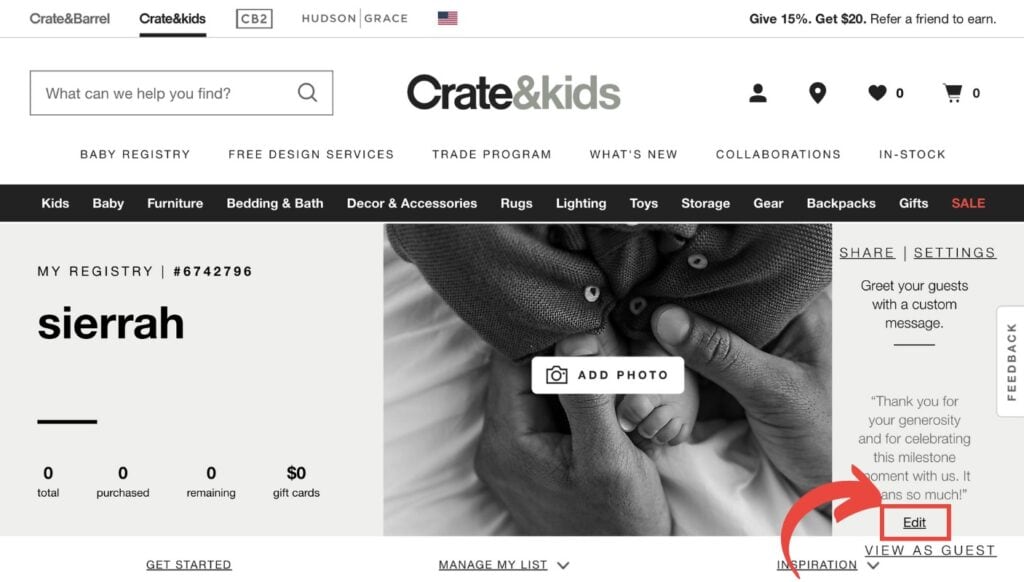 How to edit crate & kids baby registry