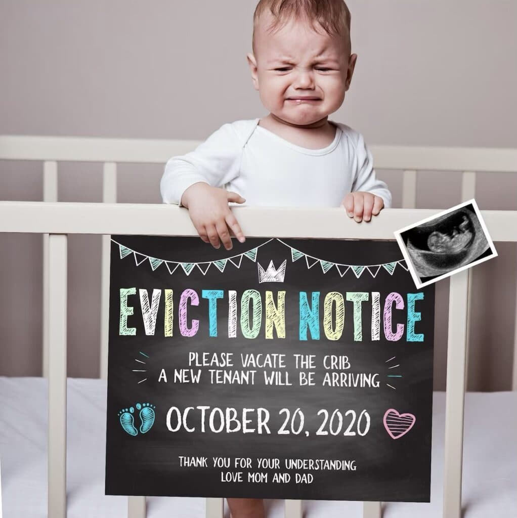 Funny baby announcement eviction notice