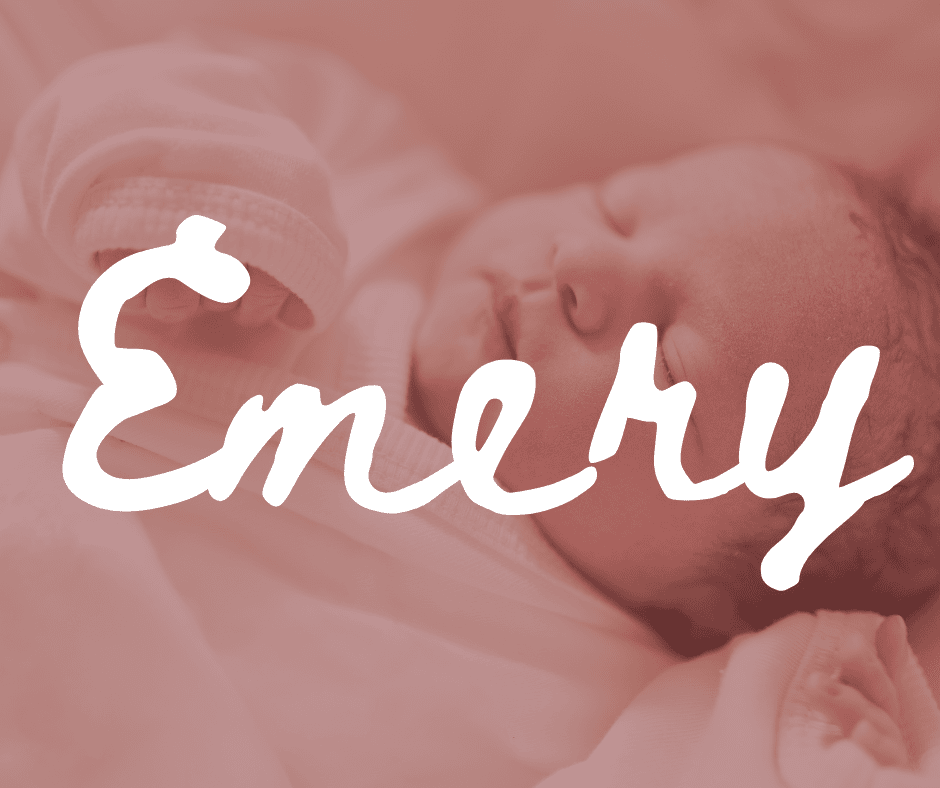 Newborn baby girl sleeps in the background. Large white overlay texts displays the name “Emery” a girls name that starts with letter E.