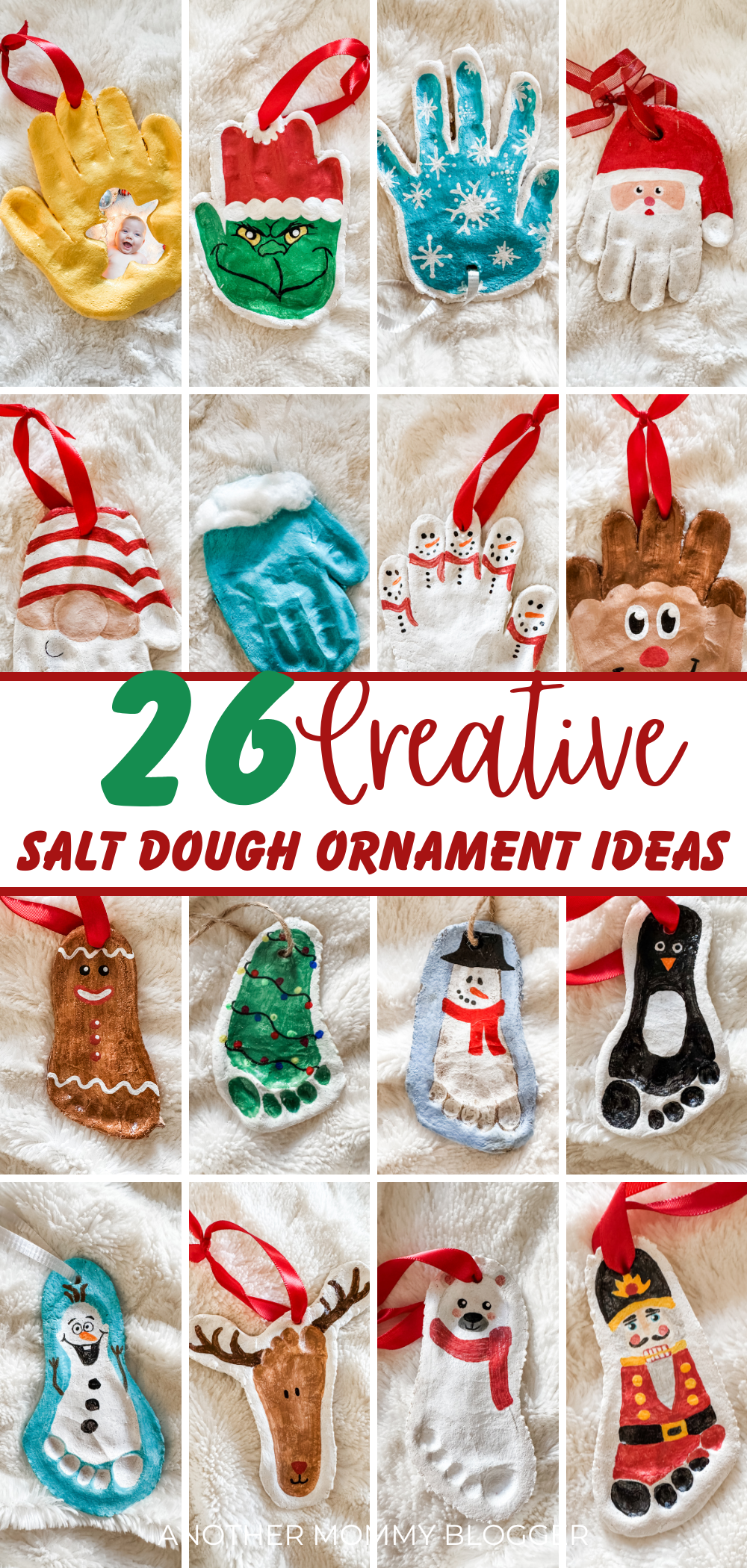 DIY Christmas salt dough footprint ornament and hand print ornament ideas for baby and toddlers.