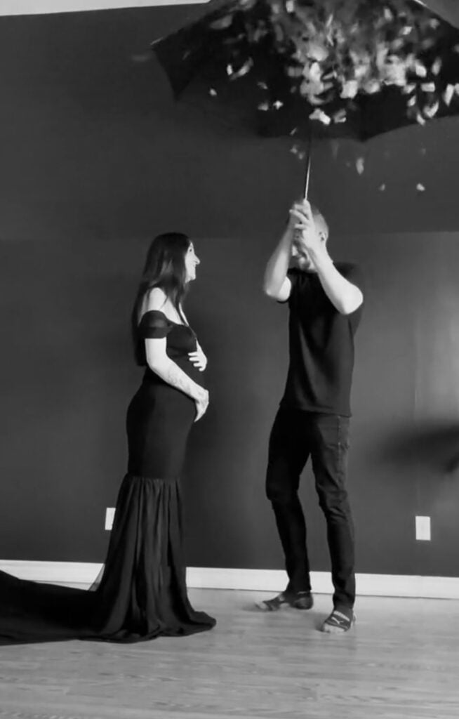 Black and white gender reveal confetti umbrella