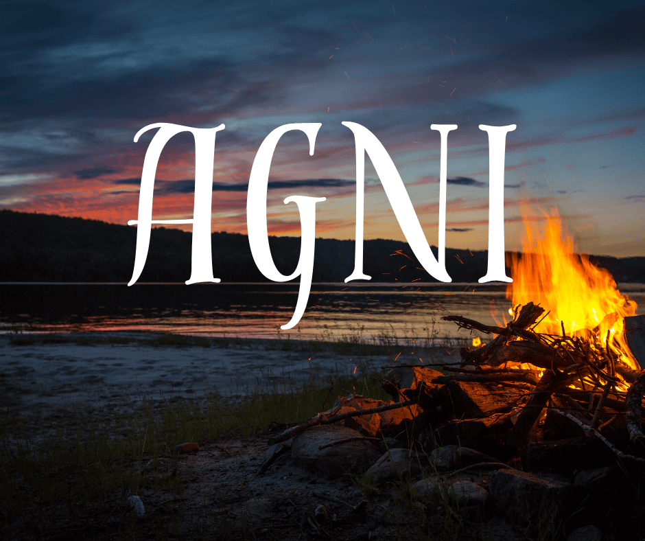 The night sky is illuminated by the light of a camp fire. The light reflects off a lake. Overlay text is a boy name that means fire. Text reads, “Agni”.