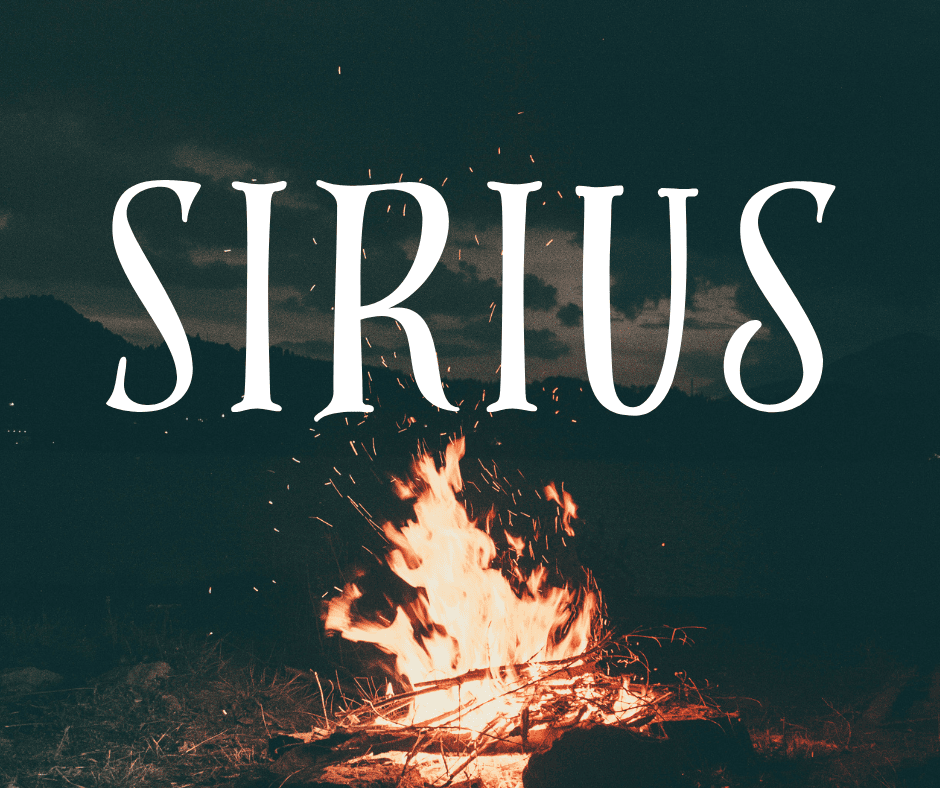A text overlay spells out the boy name Sirius in bold white letters. A camp fire illuminates the night sky in the background.