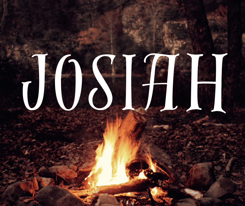 A camp fire in the woods. Over lay text reads, “Josiah”.