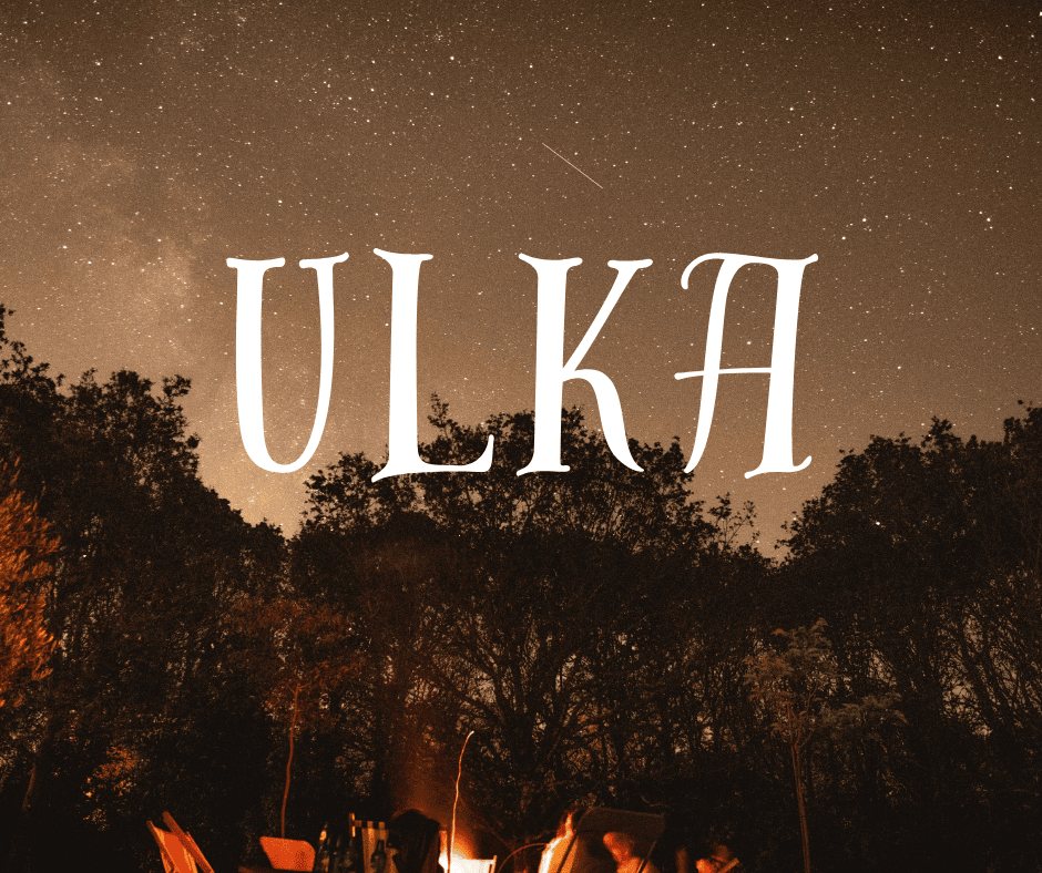 A campfire illustrates the silhouette of tree and the night sky full of stars in the background. Over lay text reads, “Ulka” a boy name that means fire.
