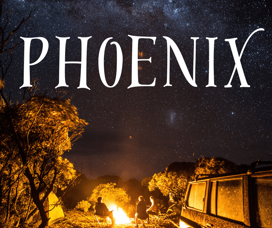 People gather around a campfire that illuminates the night sky full of stars. Overlay text in large white letters reads, “Phoenix”.