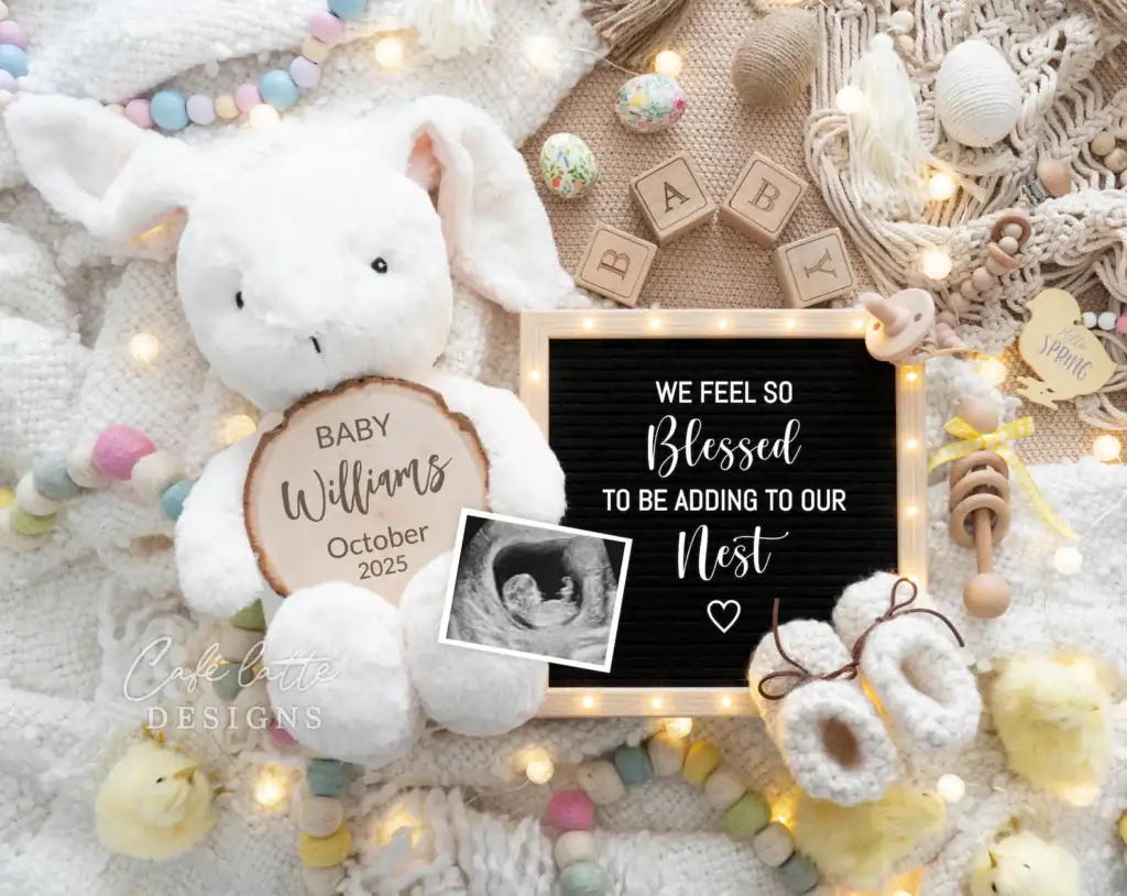 Easter pregnancy announcement flat lay photo.