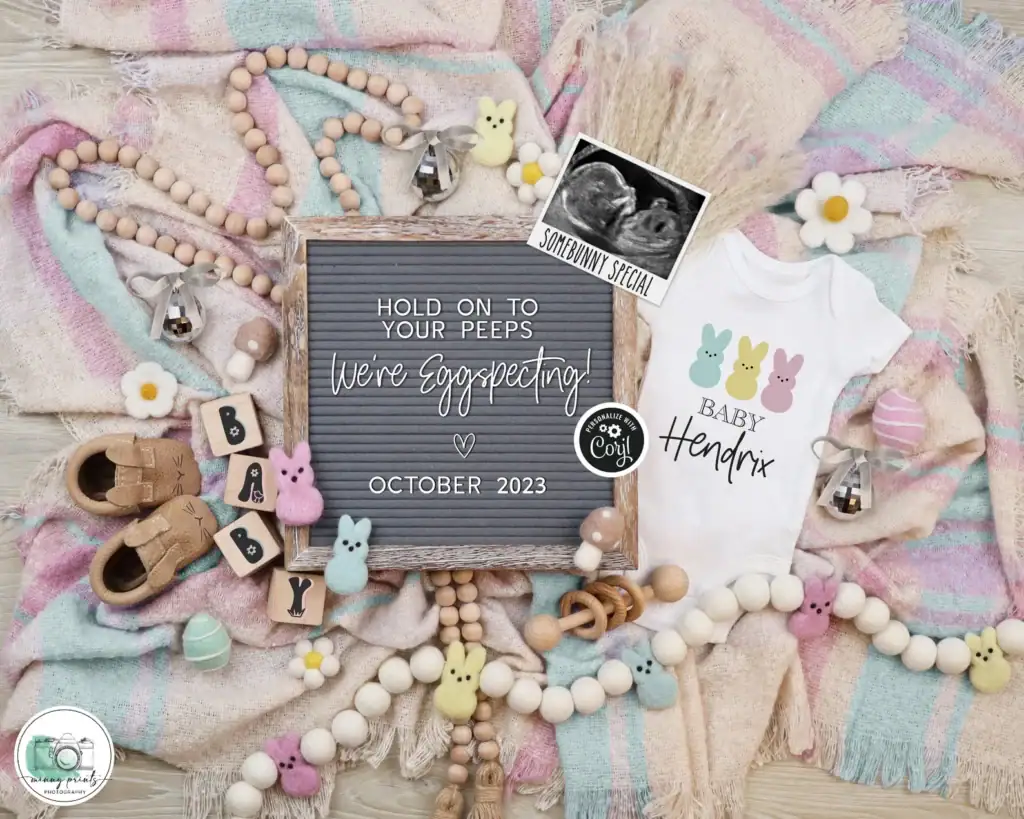 “Hold on to your peeps” themed flat lay Easter pregnancy announcement photo.