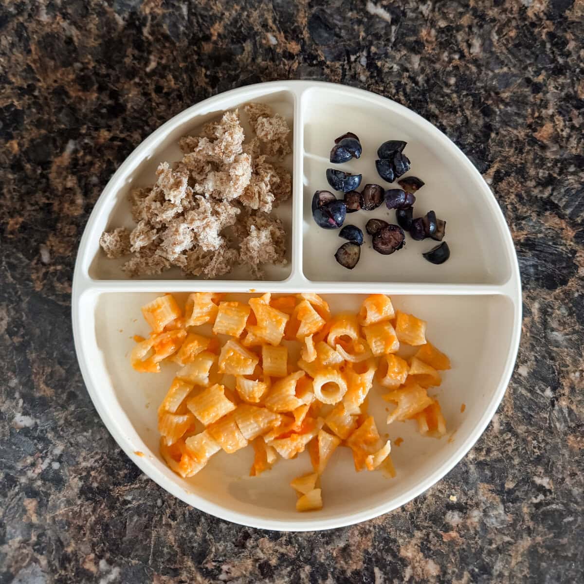 A toddler lunch plate with carrot mac and cheese, sliced blueberries, and torn pieces of Ezekiel bread on a cream-colored divider plate.