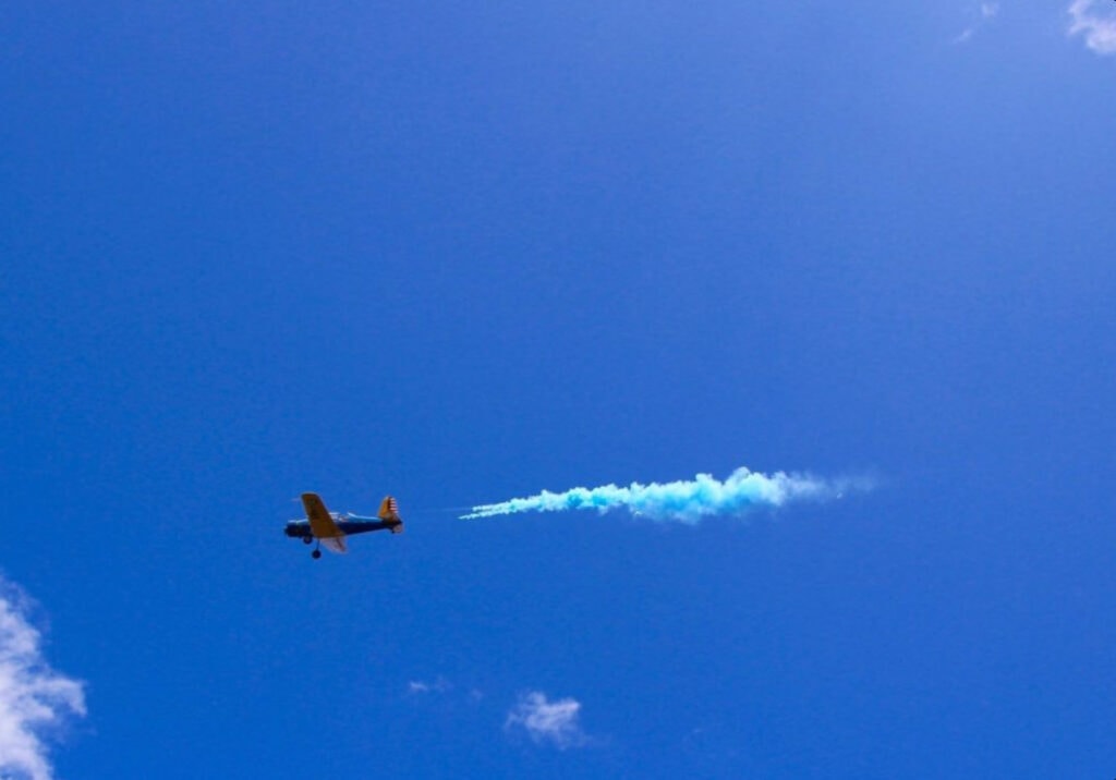 A plane flies above a summer gender reveal party. Blue smoke blows for the exhaust announcing baby is a boy.