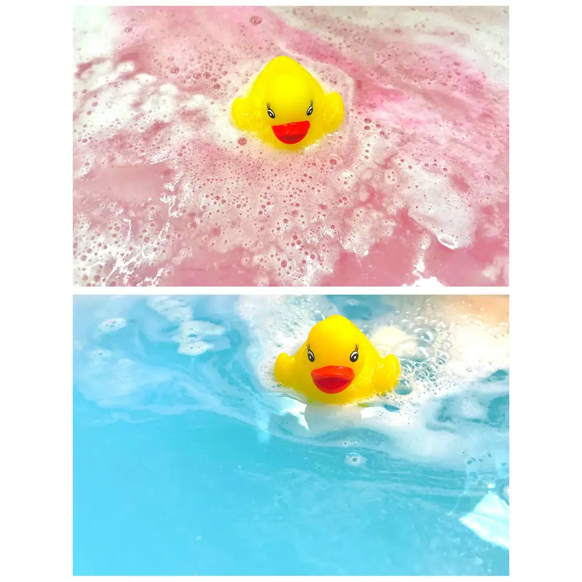 A rubber duck in pink water and another duck in blue water for a “waddle it be” gender reveal theme.