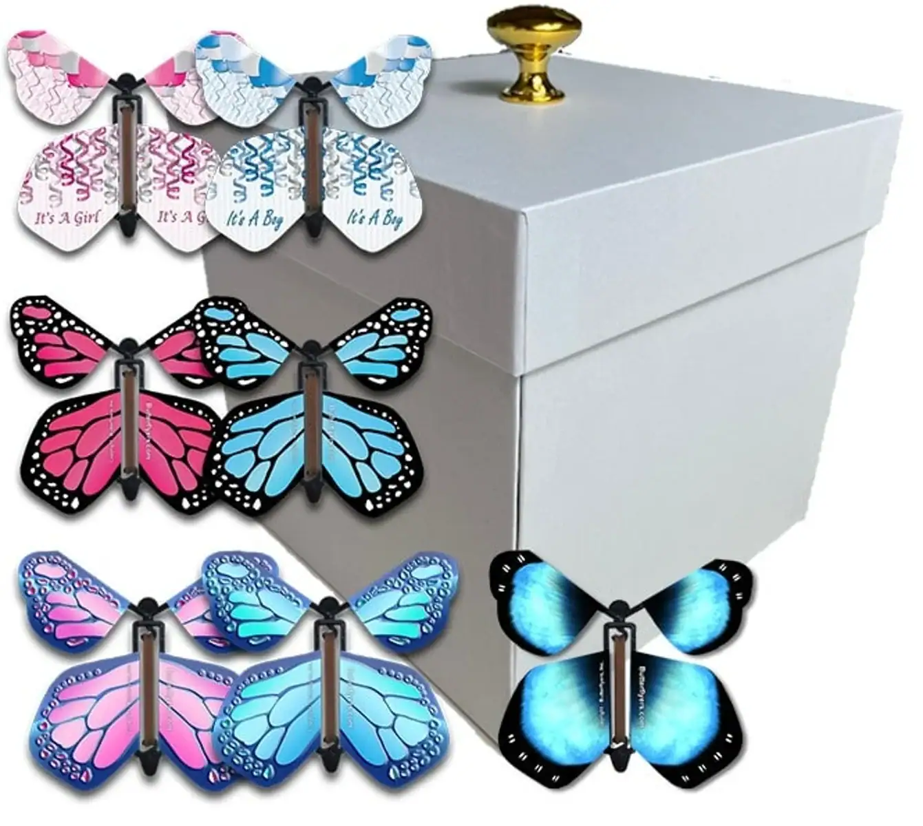 Blue and pink wind up butterflies and a white box.