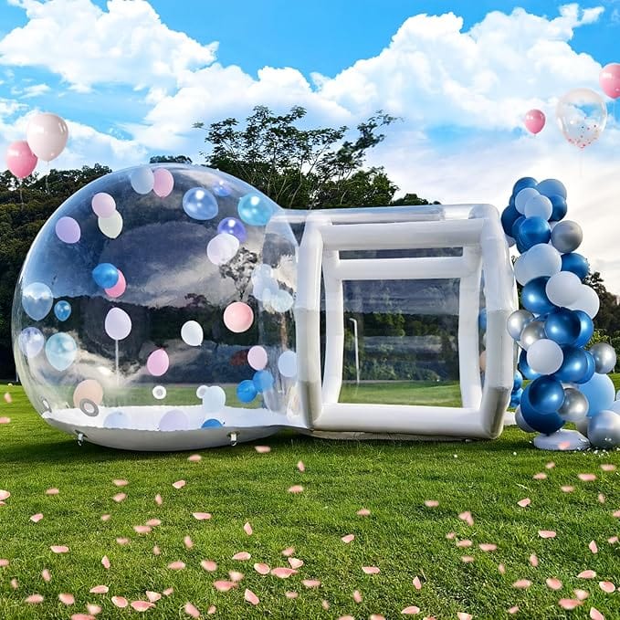 A bubble dome in an open field is filled with pink and blue balloons.