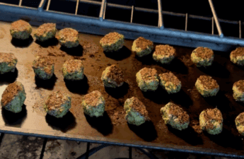A tray of broccoli cheddar tots baking in the oven, captured mid-cook. The tots are golden brown on top and arranged in even rows on a dark baking sheet, set on the middle rack of a lit oven. The warm glow highlights their crisped tops and rustic texture.