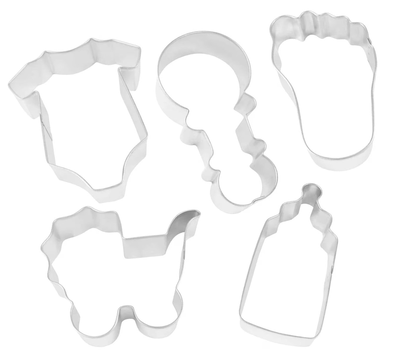 Set of five silver baby shower cookie cutters shaped like a onesie, rattle, baby foot, stroller, and baby bottle. Perfect for baking themed cookies as baby shower party favors or treats.