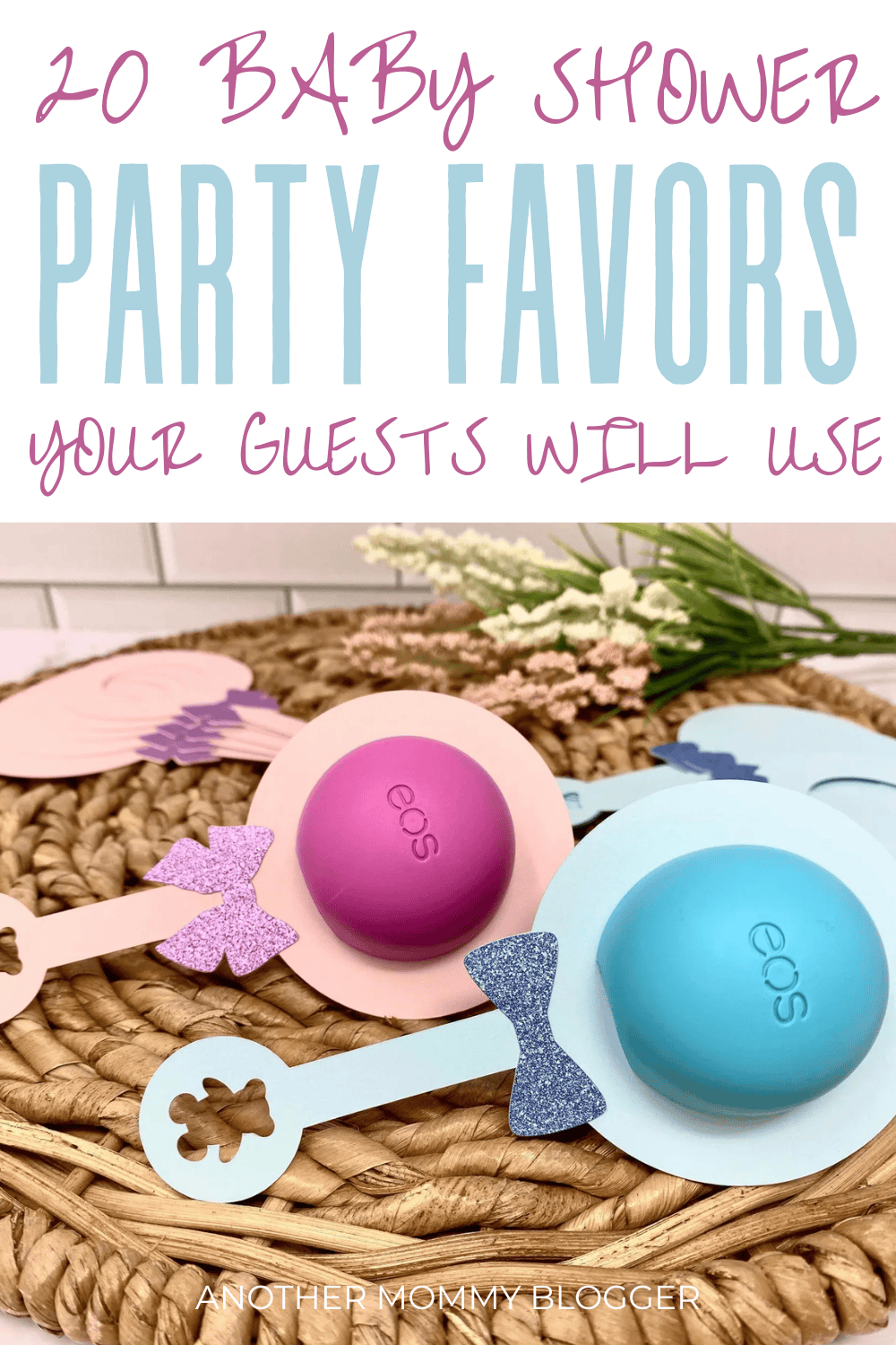 Creative EOS lip balm baby shower favors shaped like rattles with glitter bows — a cute and practical baby shower party favor idea your guests will actually use.