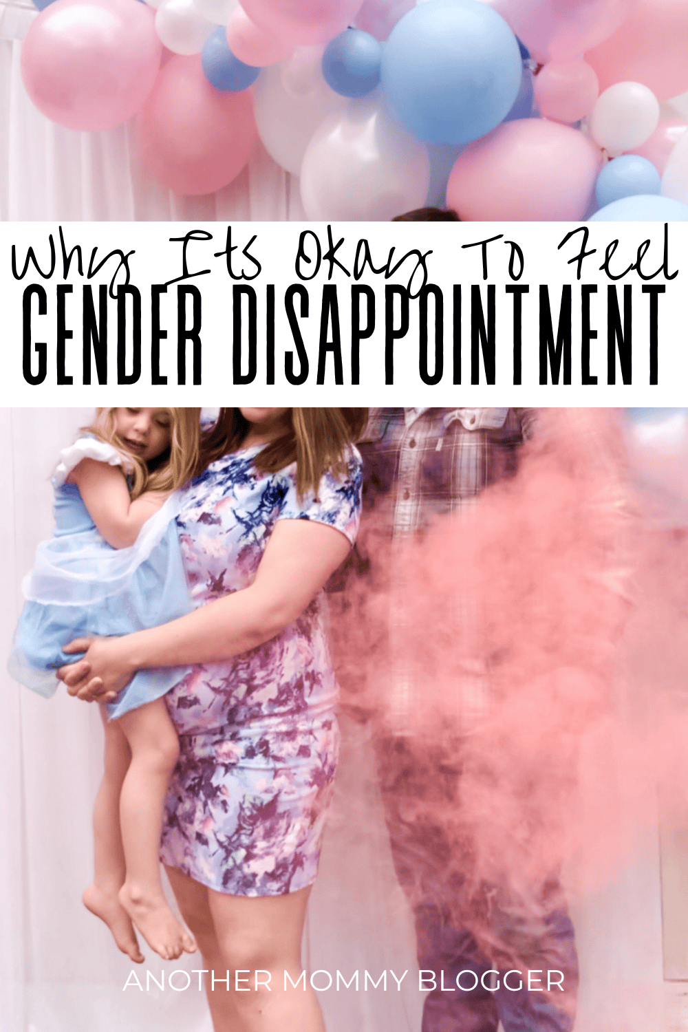 Mother holding young daughter at a gender reveal party with pink smoke and blue and pink balloons, illustrating the emotions behind gender disappointment.