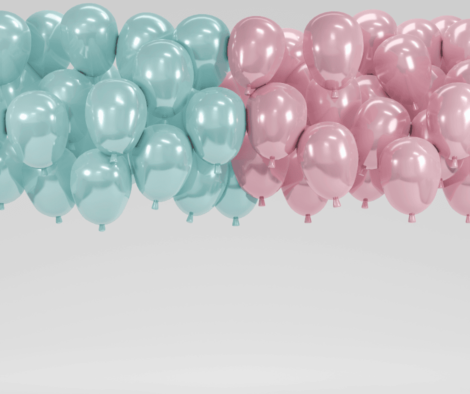 Pink and blue balloons arranged side by side, symbolizing a gender reveal celebration.