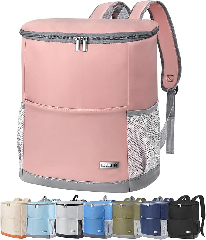Insulated backpack cooler in blush pink with side mesh pockets and a zippered top, shown with multiple color options for family-friendly summer outings.