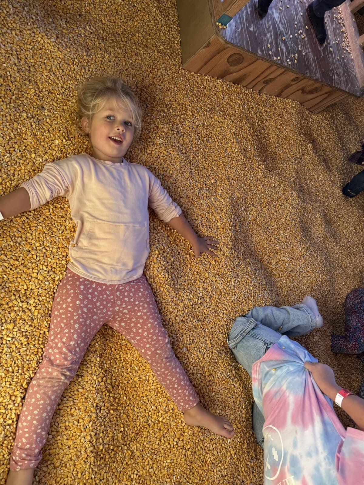 Little girl laying barefoot in a giant bin filled with dried corn kernels, smiling and playing alongside other children.