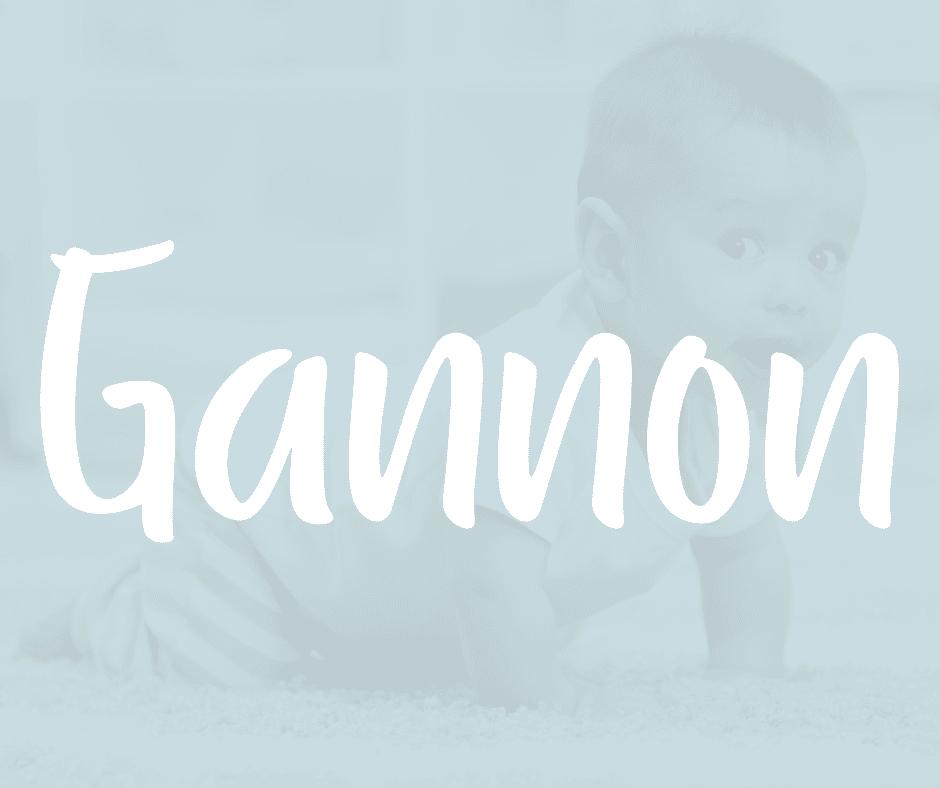 Baby boy crawling on the floor with soft toys in the background. The name Gannon is written in white over the image.