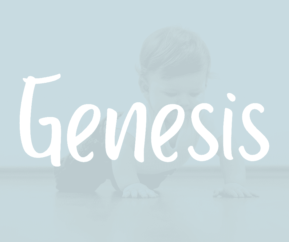 Baby boy crawling indoors with a soft light blue overlay. The name Genesis is written in white across the image.