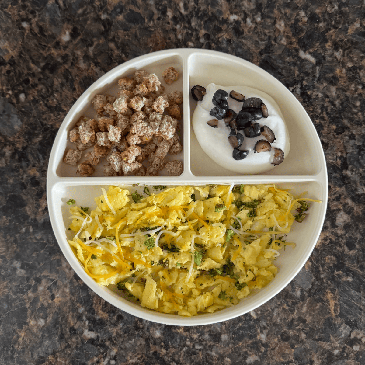 Toddler breakfast with scrambled eggs mixed with broccoli and cheese, plain Greek yogurt topped with blueberries, and peanut butter toast strips — a balanced and nutritious meal for 12-month-olds.